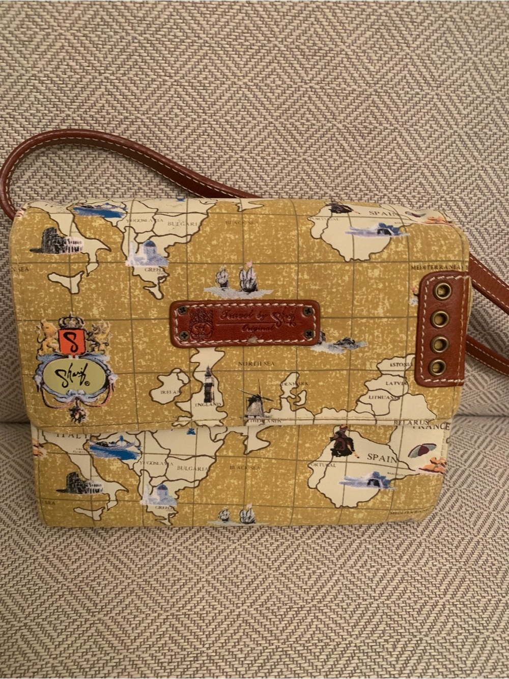 Travel by Sharif Yellow Map-Print Crossbody Bag with Brown Trim